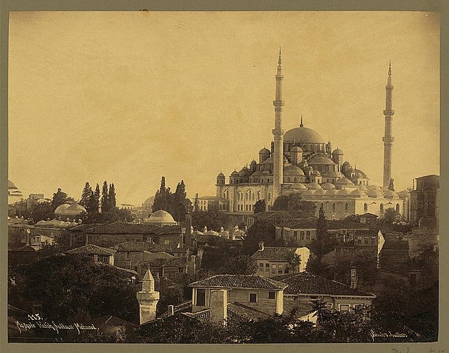 A historical photo of Fatih Mosque, built by order of Sultan Mehmed II in Istanbul, the first imperial mosque built in the city after the Ottoman conquest.