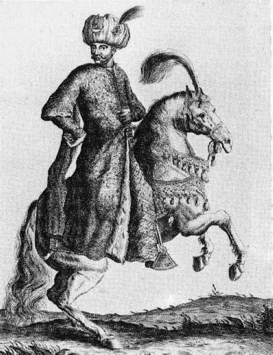 A depiction of Sultan Mehmed IV mounted on a horse.