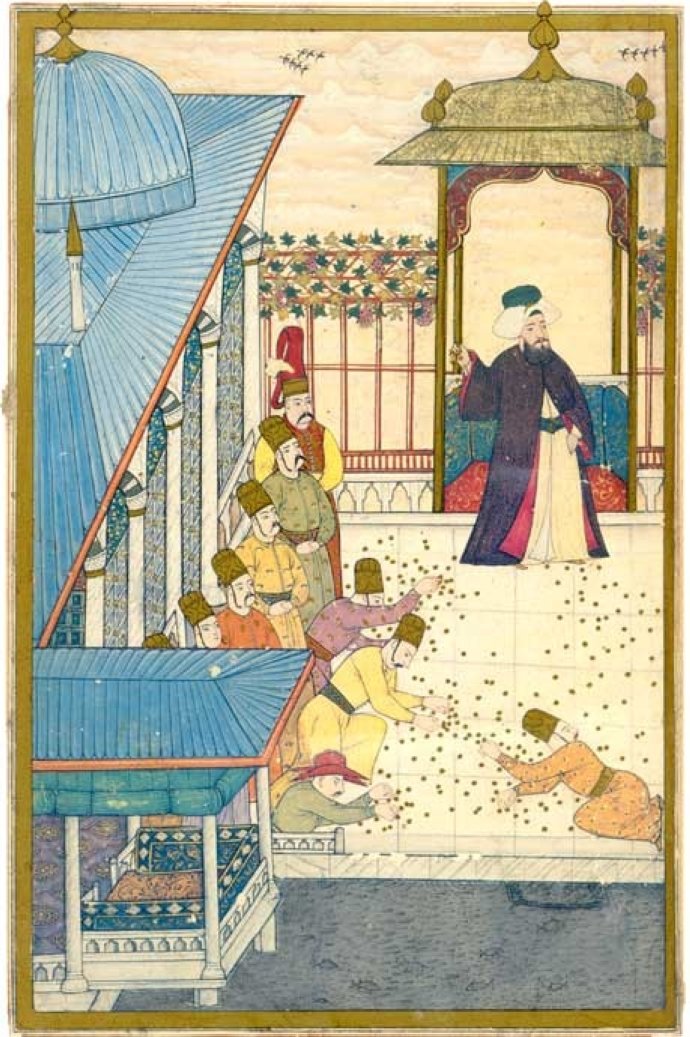 A miniature painting of Sultan Ahmet III throwing gold coins to people. 