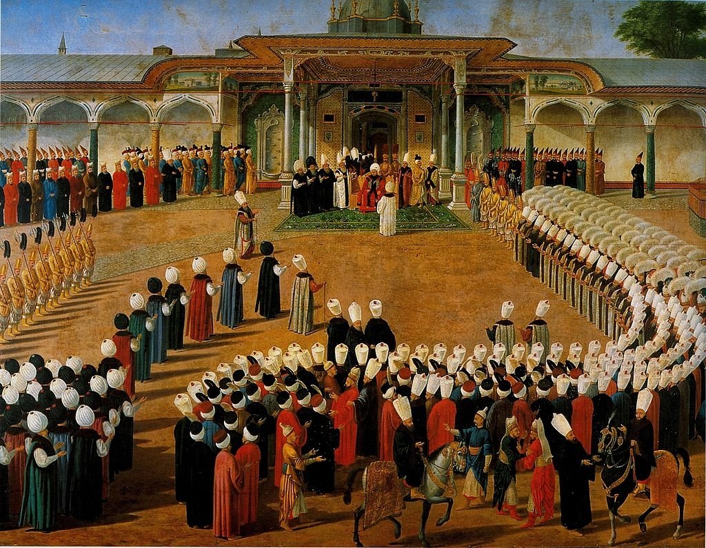 A painting depicts Sultan Selim III accepting the allegiance by sitting on a throne placed in front of the Bab-ı Hümayun (Imperial Gate) in the Topkapı Palace.