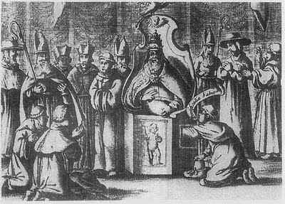 Papanın muayene edilişini gösteren bir gravür; muayene oturağı.