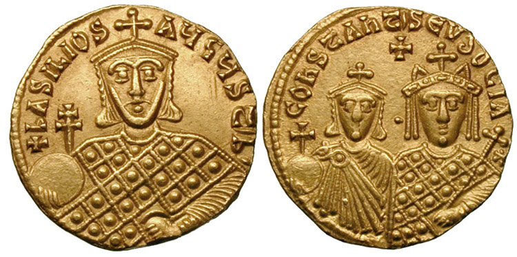 İmparator I. Basileus'un Pavlikanlara zaferi hatırasına bastırdığı altın para