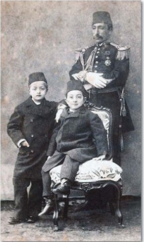 A photo of Prince Selim (right) and Prince Shawkat Efendi and their lala Sheker Ahmed Pasha during the last period of the Ottoman Empire (Selim, son of Sultan Abdulhamid II and Shawkat, son of former Sultan Abdulaziz)